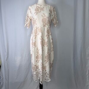 Bohme shift dress short sleeve ivory cream floral lace high neck boho M